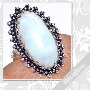 Rainbow Moonstone Eclectic Silver Artisan Ring, Sz 8.5 (Pearl White, Pale Blue)
